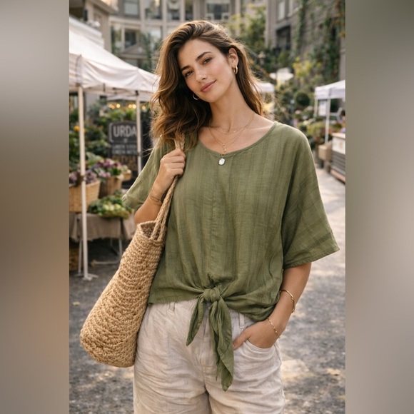 Time and Tru Tops - Olive Green Linen Blend Tie Front Top Lightweight Coastal Boho Blouse